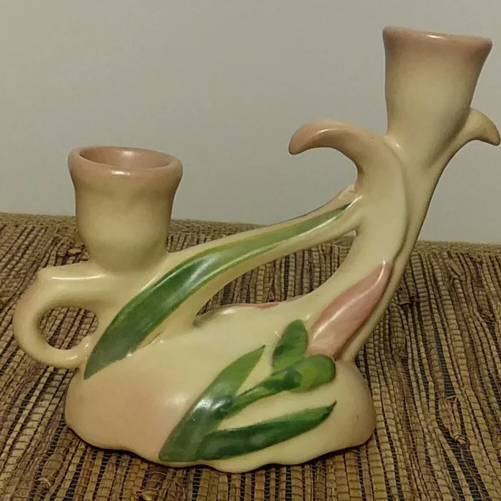 Vintage 1930s Camark Pottery Twin Candle Holder – Pink Iris Floral Art Deco US